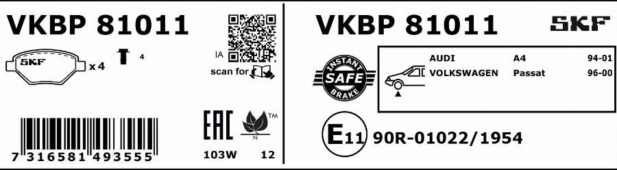 SKF VKBP 81011 - Гальмівні колодки, дискові гальма autocars.com.ua