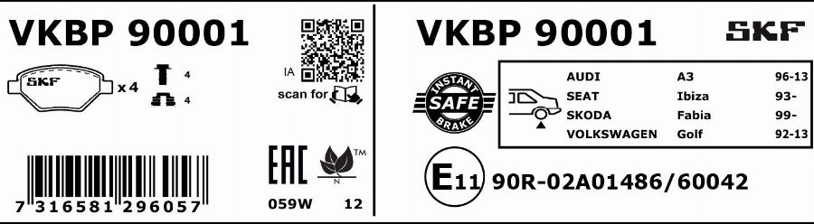 SKF VKBP 90001 - Тормозные колодки, дисковые, комплект autodnr.net