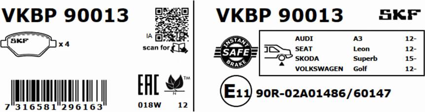 SKF VKBP 90013 - Тормозные колодки, дисковые, комплект avtokuzovplus.com.ua