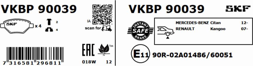 SKF VKBP 90039 - Гальмівні колодки, дискові гальма autocars.com.ua