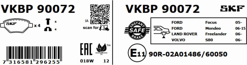 SKF VKBP 90072 - Гальмівні колодки, дискові гальма autocars.com.ua