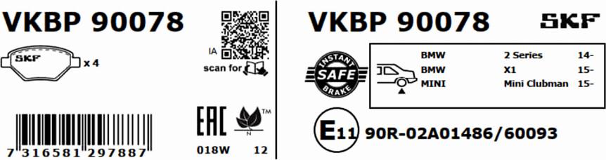 SKF VKBP 90078 - Гальмівні колодки, дискові гальма autocars.com.ua