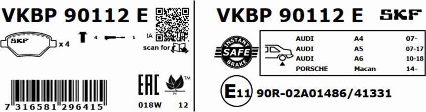 SKF VKBP 90112 E - Гальмівні колодки, дискові гальма autocars.com.ua