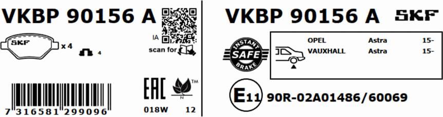 SKF VKBP 90156 A - Гальмівні колодки, дискові гальма autocars.com.ua