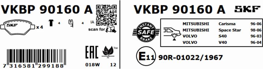 SKF VKBP 90160 A - Тормозные колодки, дисковые, комплект autodnr.net