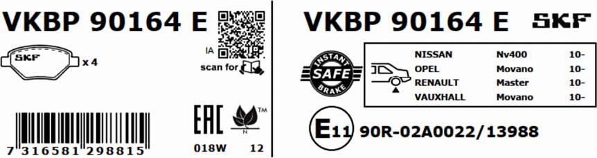 SKF VKBP 90164 E - Гальмівні колодки, дискові гальма autocars.com.ua