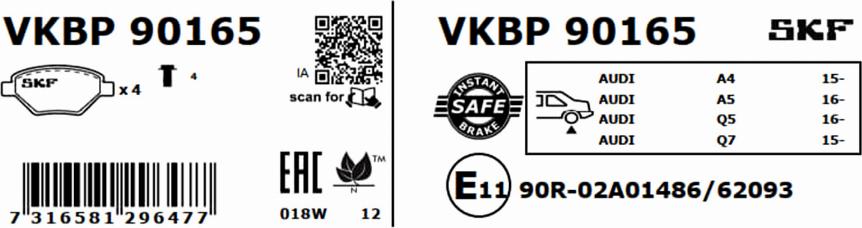 SKF VKBP 90165 - Тормозные колодки, дисковые, комплект avtokuzovplus.com.ua