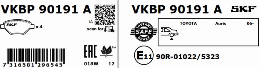 SKF VKBP 90191 A - Гальмівні колодки, дискові гальма autocars.com.ua