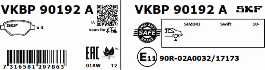 SKF VKBP 90192 A - Гальмівні колодки, дискові гальма autocars.com.ua
