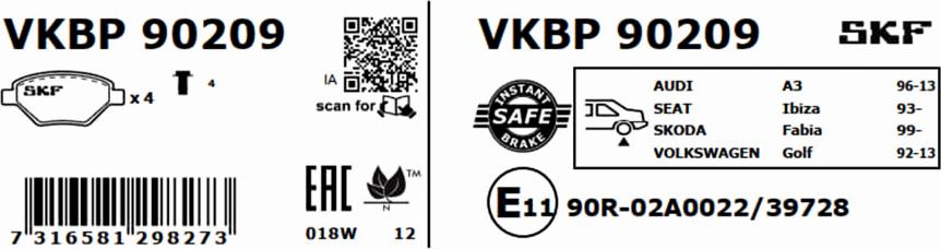 SKF VKBP 90209 - Тормозные колодки, дисковые, комплект avtokuzovplus.com.ua