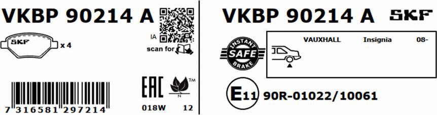 SKF VKBP 90214 A - Гальмівні колодки, дискові гальма autocars.com.ua