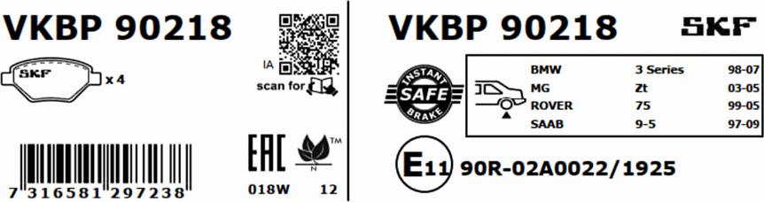 SKF VKBP 90218 - Гальмівні колодки, дискові гальма autocars.com.ua