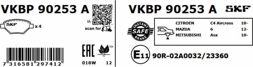 SKF VKBP 90253 A - Гальмівні колодки, дискові гальма autocars.com.ua