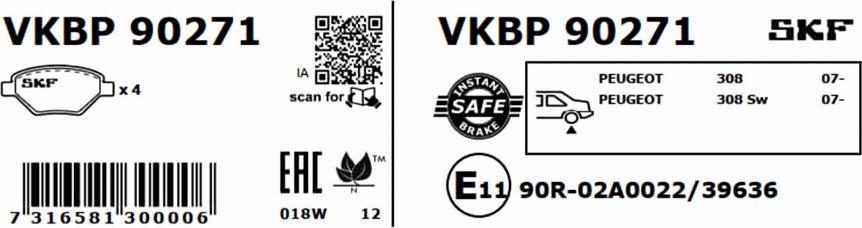 SKF VKBP 90271 - Тормозные колодки, дисковые, комплект avtokuzovplus.com.ua