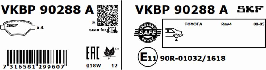 SKF VKBP 90288 A - Гальмівні колодки, дискові гальма autocars.com.ua