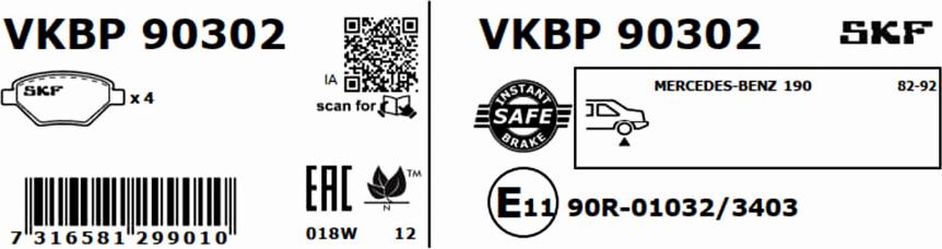 SKF VKBP 90302 - Тормозные колодки, дисковые, комплект autodnr.net