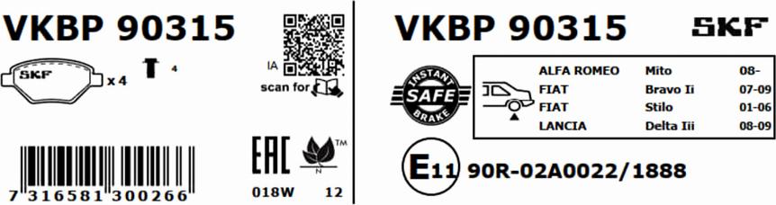 SKF VKBP 90315 - Гальмівні колодки, дискові гальма autocars.com.ua