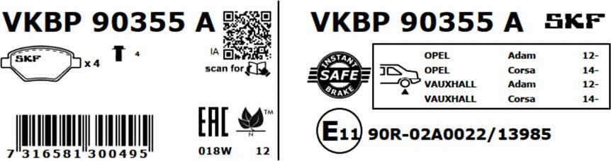 SKF VKBP 90355 A - Гальмівні колодки, дискові гальма autocars.com.ua