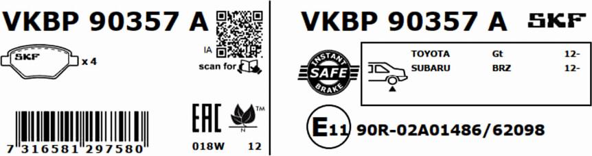 SKF VKBP 90357 A - Гальмівні колодки, дискові гальма autocars.com.ua