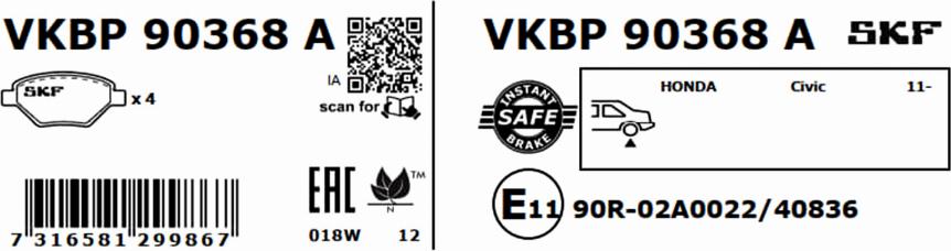 SKF VKBP 90368 A - Гальмівні колодки, дискові гальма autocars.com.ua