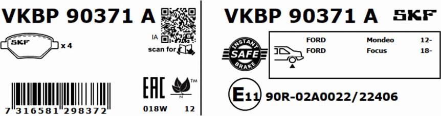 SKF VKBP 90371 A - Гальмівні колодки, дискові гальма autocars.com.ua