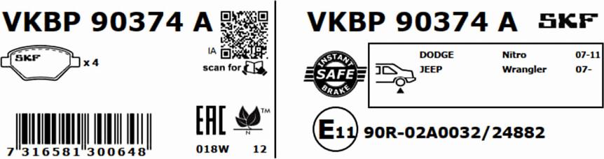 SKF VKBP 90374 A - Гальмівні колодки, дискові гальма autocars.com.ua