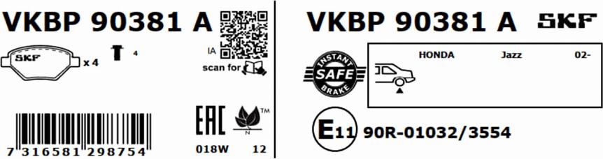 SKF VKBP 90381 A - Гальмівні колодки, дискові гальма autocars.com.ua