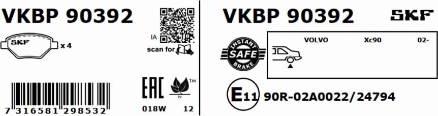 SKF VKBP 90392 - Тормозные колодки, дисковые, комплект avtokuzovplus.com.ua