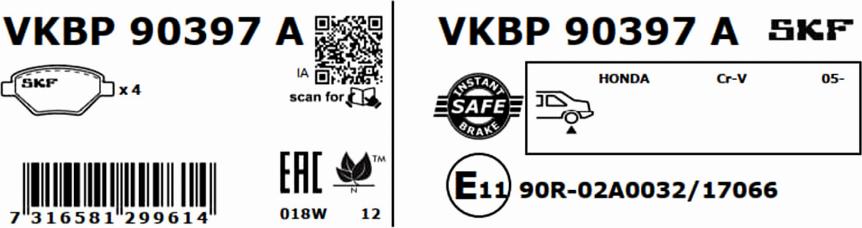 SKF VKBP 90397 A - Гальмівні колодки, дискові гальма autocars.com.ua