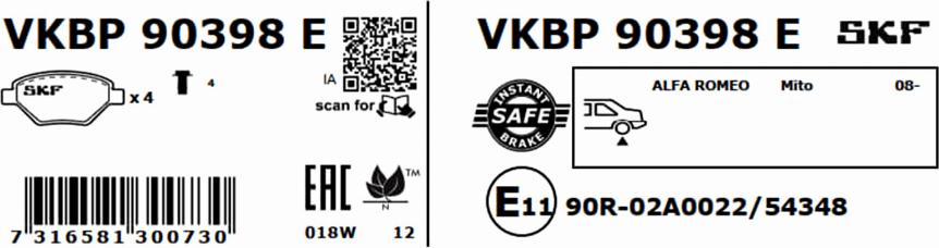 SKF VKBP 90398 E - Тормозные колодки, дисковые, комплект avtokuzovplus.com.ua