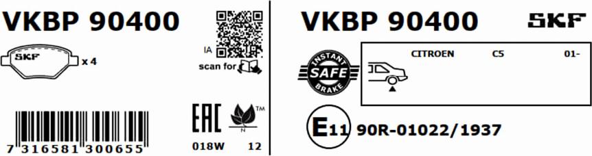 SKF VKBP 90400 - Гальмівні колодки, дискові гальма autocars.com.ua