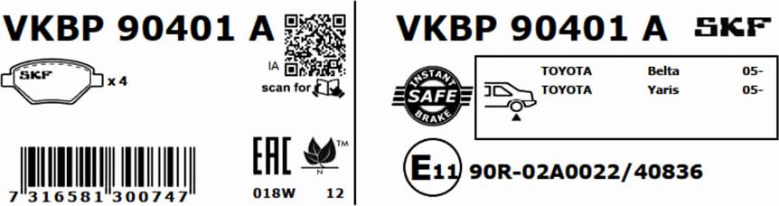 SKF VKBP 90401 A - Тормозные колодки, дисковые, комплект avtokuzovplus.com.ua