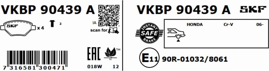 SKF VKBP 90439 A - Гальмівні колодки, дискові гальма autocars.com.ua