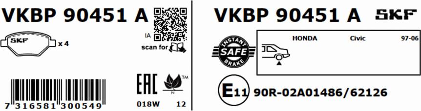 SKF VKBP 90451 A - Гальмівні колодки, дискові гальма autocars.com.ua