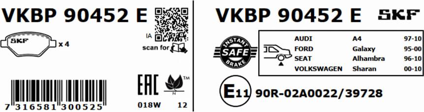 SKF VKBP 90452 E - Гальмівні колодки, дискові гальма autocars.com.ua