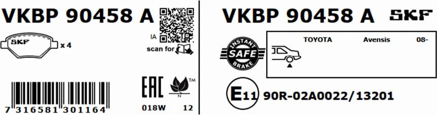 SKF VKBP 90458 A - Тормозные колодки, дисковые, комплект avtokuzovplus.com.ua