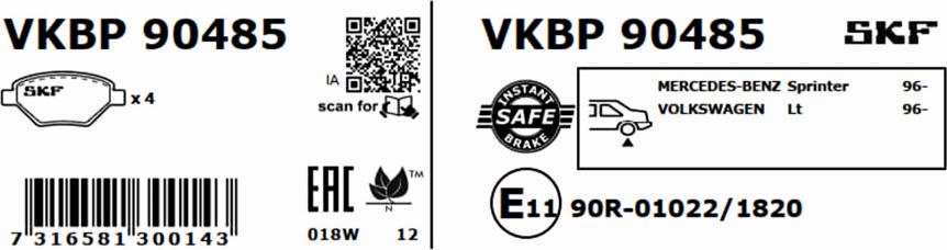 SKF VKBP 90485 - Гальмівні колодки, дискові гальма autocars.com.ua