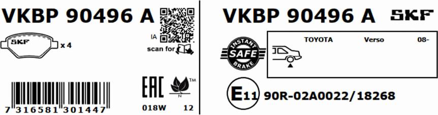 SKF VKBP 90496 A - Гальмівні колодки, дискові гальма autocars.com.ua