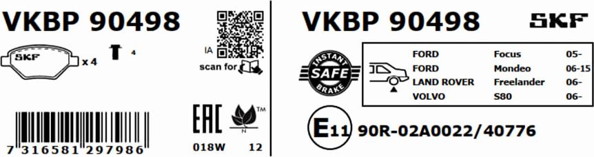 SKF VKBP 90498 - Гальмівні колодки, дискові гальма autocars.com.ua