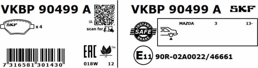 SKF VKBP 90499 A - Гальмівні колодки, дискові гальма autocars.com.ua