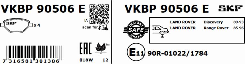 SKF VKBP 90506 E - Гальмівні колодки, дискові гальма autocars.com.ua