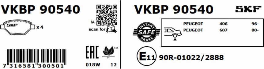 SKF VKBP 90540 - Тормозные колодки, дисковые, комплект autodnr.net