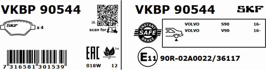 SKF VKBP 90544 - Тормозные колодки, дисковые, комплект avtokuzovplus.com.ua