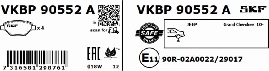 SKF VKBP 90552 A - Тормозные колодки, дисковые, комплект avtokuzovplus.com.ua