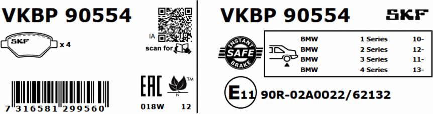 SKF VKBP 90554 - Тормозные колодки, дисковые, комплект avtokuzovplus.com.ua