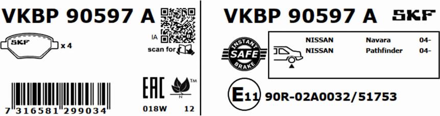 SKF VKBP 90597 A - Гальмівні колодки, дискові гальма autocars.com.ua