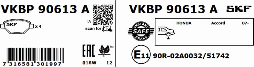 SKF VKBP 90613 A - Гальмівні колодки, дискові гальма autocars.com.ua