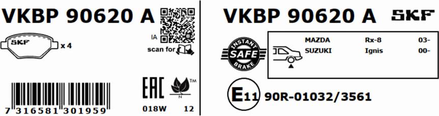 SKF VKBP 90620 A - Гальмівні колодки, дискові гальма autocars.com.ua