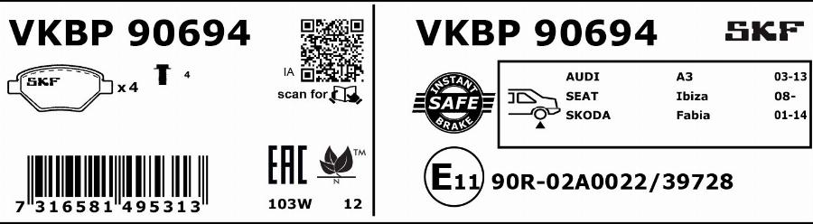 SKF VKBP 90694 - Тормозные колодки, дисковые, комплект avtokuzovplus.com.ua
