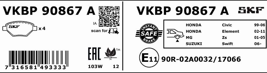 SKF VKBP 90867 A - Тормозные колодки, дисковые, комплект avtokuzovplus.com.ua